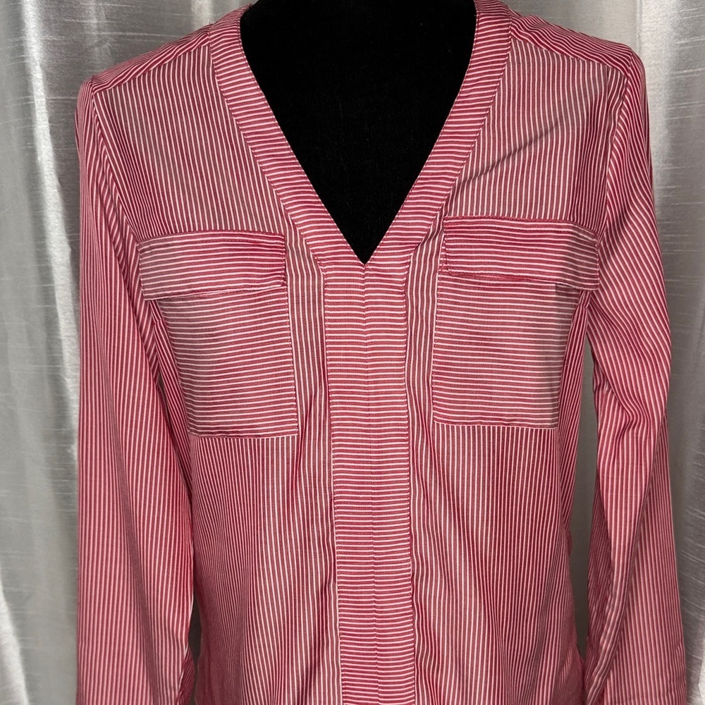 Express Pink and White Striped V-Neck Blouse